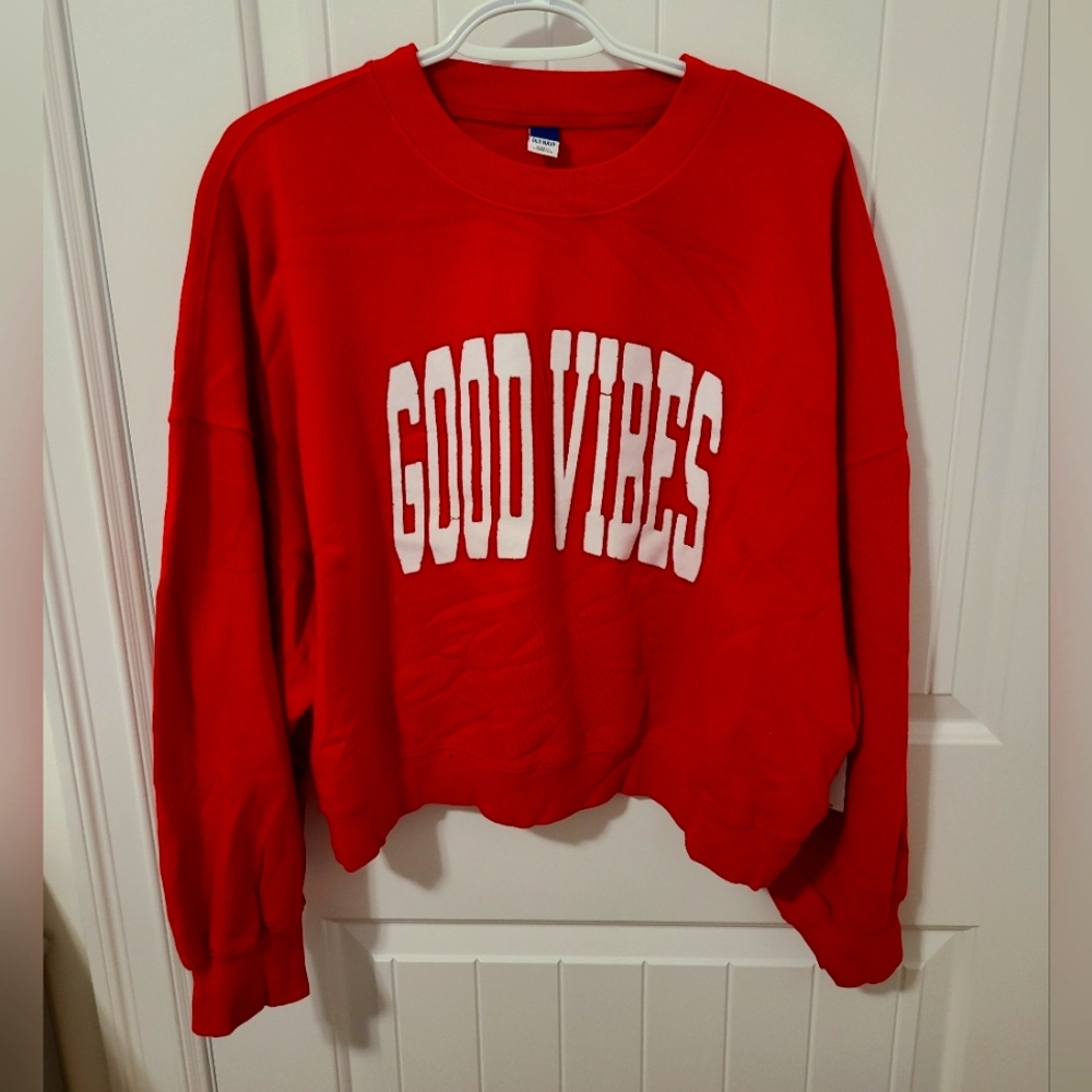 Old Navy Red Crewneck Sweatshirt with White 'GOOD VIBES' Graphic